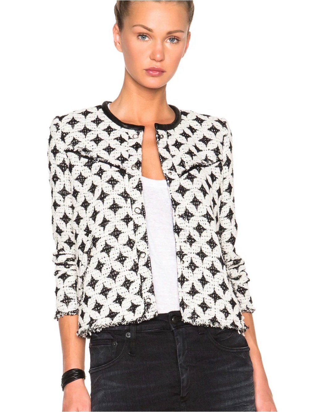 IRO Handi Tweed Jacket Size 36 Black White Leather Trim $470 US 4